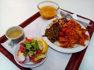 Pasta with soy, spinach souffle and coleslaw at Sociedade Portuguesa de Naturalogia in Lisbon