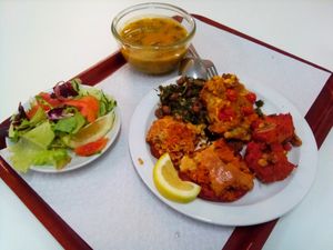 Beans with cabbage, baked rice over tomato, beetroot pastry? at Sociedade Portuguesa de Naturalogia in Lisbon