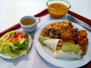 Moussaka, oriental style crepe/roll, millet and mushrooms at Sociedade Portuguesa de Naturalogia in Lisbon
