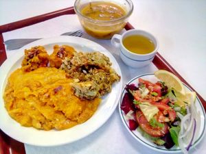Carrots puree and delicious sweet potato cakes at Sociedade Portuguesa de Naturalogia in Lisbon