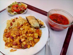 "Cachupa" and beetroot soup at Sociedade Portuguesa de Naturalogia in Lisbon
