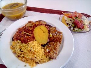 Oats cake, sweet potato and couscous at Sociedade Portuguesa de Naturalogia in Lisbon