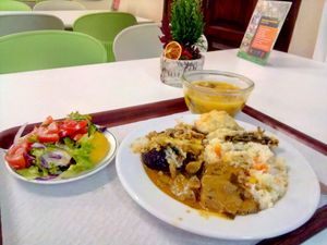 Big mushroom, spinach pastry and mini-Xmas tree at Sociedade Portuguesa de Naturalogia in Lisbon