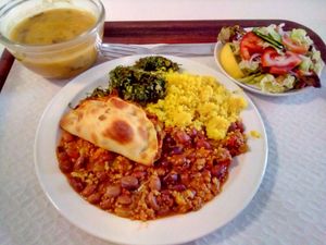 Couscous, beans&soy, veggies pastry and cabbage strips at Sociedade Portuguesa de Naturalogia in Lisbon