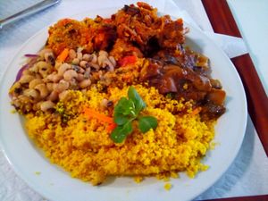 Couscous, cyclist beans, mushrooms and veggies mix at Sociedade Portuguesa de Naturalogia in Lisbon