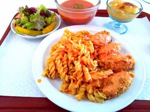 Fusilli with oats pastries and beetroot soup at Sociedade Portuguesa de Naturalogia in Lisbon