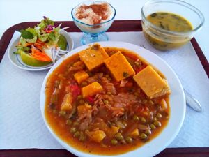 Millet cakes, large mushrooms and tapioca dessert at Sociedade Portuguesa de Naturalogia in Lisbon