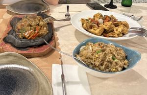 Mixed veg fried rice, salt and chilli tofu, mock meat and veg in black pepper sauce  at Gran Familia in Tenerife