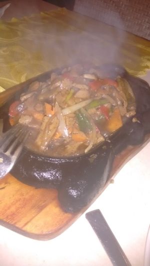 sizzling vegan ";meat"; (made from various beans)  at Gran Familia in Tenerife