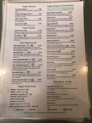 Menu at Field of Greens in Houston