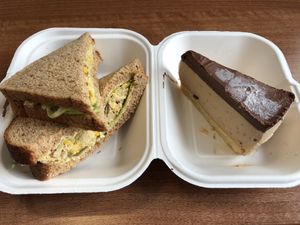 Chicken mayo style sandwich and caramel cheesecake - so good! at Simply V in Cardiff