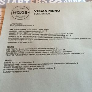vegan menu  at Moxie Kitchen and Cocktails in Jacksonville