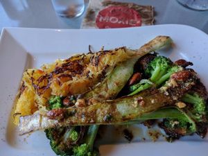 Veggie plate with spaghetti squash, broccoli and Brussels sprouts with a balsamic dressing.  at Moxie Kitchen and Cocktails in Jacksonville