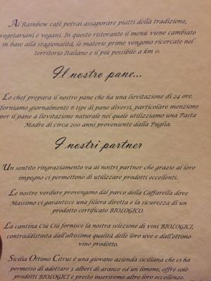 First page of the menu  at Rainbow Cafe in Rome