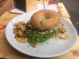 Bratwurst Pattie, Sauerkraut, Fried potatoes all together at Kaiserhuettn in Bonn