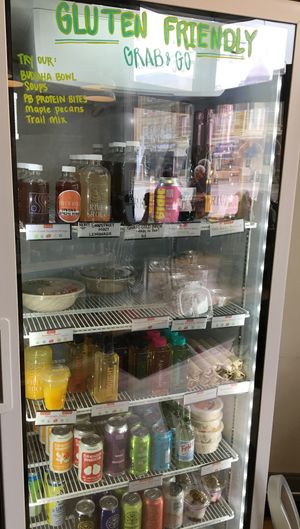 Refrigerated Grab-N-Go with labeled vegan food/drinks. at River Rock Coffee in St Peter