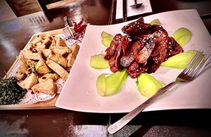 Deep fried salt and pepper tofu & Vegan BBQ pork  at Joy Veg Fruit Dining in Sydney