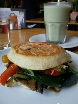 Panini with grilles veggies and a Matcha Latte at Sol in Konstanz