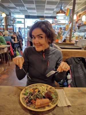 My wife's dish and the cute restaurant interior at Seeds to Totnes in Totnes