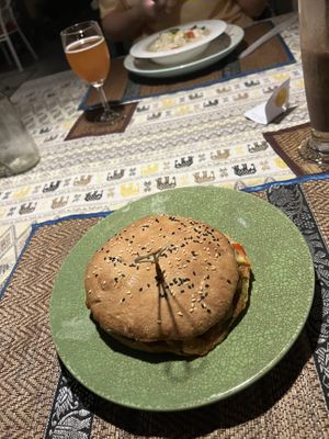 Vegan sandwich, and vegan curry in the background   at Cafe del mundo in Luang Prabang