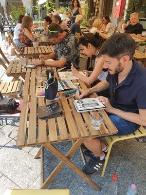 Sketching at the café at Sali and Pistacchi in Domodossola