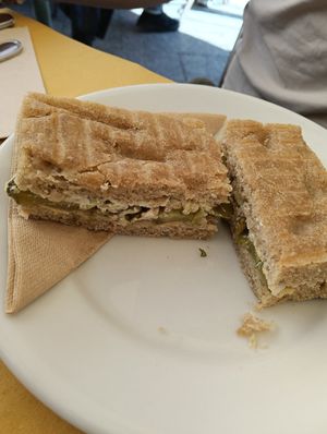 Focaccia with cashew cheese and pickles at Sali and Pistacchi in Domodossola