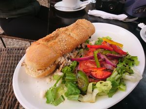 Mushroom baguette with Vegan cheese at Escarola in Guanajuato
