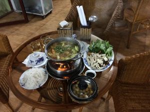 sour Thai hotpot plus claypot mushrooms and rice at Van Hanh in Hue