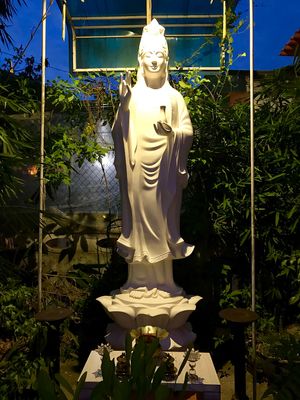 A beautiful 3-metre Lady Buddha statue at the entrance of the restaurant   at Van Hanh in Hue