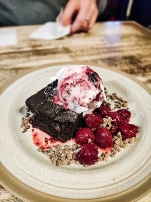 Brownie with vegan cherry ice cream at Roseleaf in Edinburgh