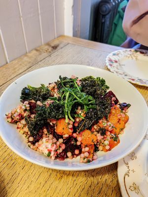 Winter salad with beets, couscous, and vegan feta at Roseleaf in Edinburgh