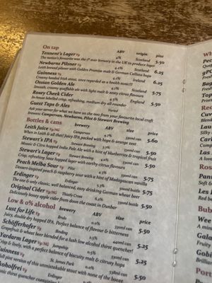 Drink menu (homemade soda, beers, whiskeys, gins, …)   at Roseleaf in Edinburgh