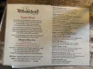 Separate vegan menu  at Roseleaf in Edinburgh