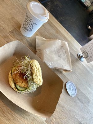 Roots Biscuit
Sweet Potato-Quinoa Patty with pickles, smokey seed spread, and sprouts at Southern Roots Filling Station in Jacksonville