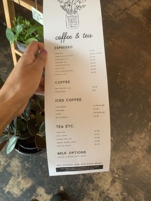 Menu coffee and tea  at Southern Roots Filling Station in Jacksonville