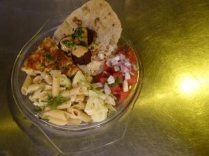 gf zaatar flatbread lemon cauliflower chickpea pasta zucchini pie lentil beet balls tomato cilantro salad at Andriakon in Andros