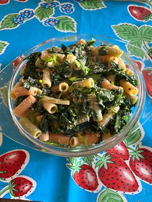 lemon kale lentil pasta at Andriakon in Andros