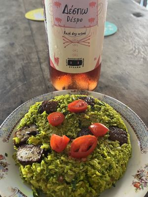 broccoli fried rice.  smoked tofu.  funky Cycladic rose!  at Andriakon in Andros