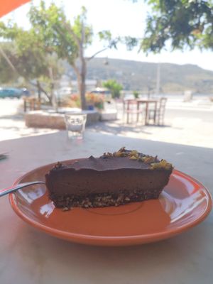 Chocolate cake pistachio almond carob at Andriakon in Andros