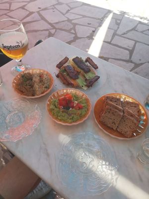 Hummus bread guacamole grilled soja  at Andriakon in Andros