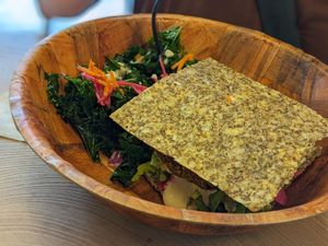 Broccoli burger with dehydrated onion bread at Gangster Vegan in Norristown