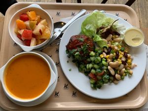 Stuffed aubergines, watermelon salad, bean salad, guacamole, fruit salad and soup  at Chimera in Krakow