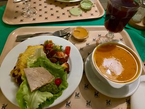 Various salad selections as well as a taco, and tomato soup at Chimera in Krakow