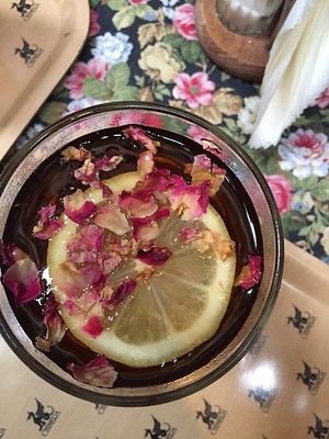 Cold raspberry tea with rose petals at Chimera in Krakow