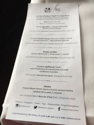 Vegan Menu at Matteo's in Fitzroy North