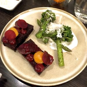 Starters: charred broccoli no and asparagus; beetroot & potato roesti. They were both incredible  at Matteo's in Fitzroy North