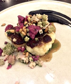 Roasted cauliflower | pickled Romanesco salad skordalia | roasted root vegetable jus at Matteo's in Fitzroy North