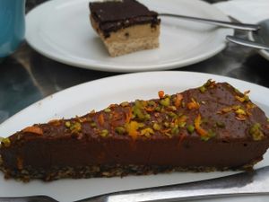 Choc-orange dessert and caramel shortbread dessert at Offbeet in Wickham