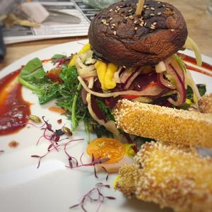 Beet Naked Burger v2.0 with rosemary polenta fries. Yum :-) at Offbeet in Wickham