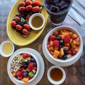 Avocado Toast, Fruit Bowl, and House Porridge. at Un Solo Sol in Los Angeles